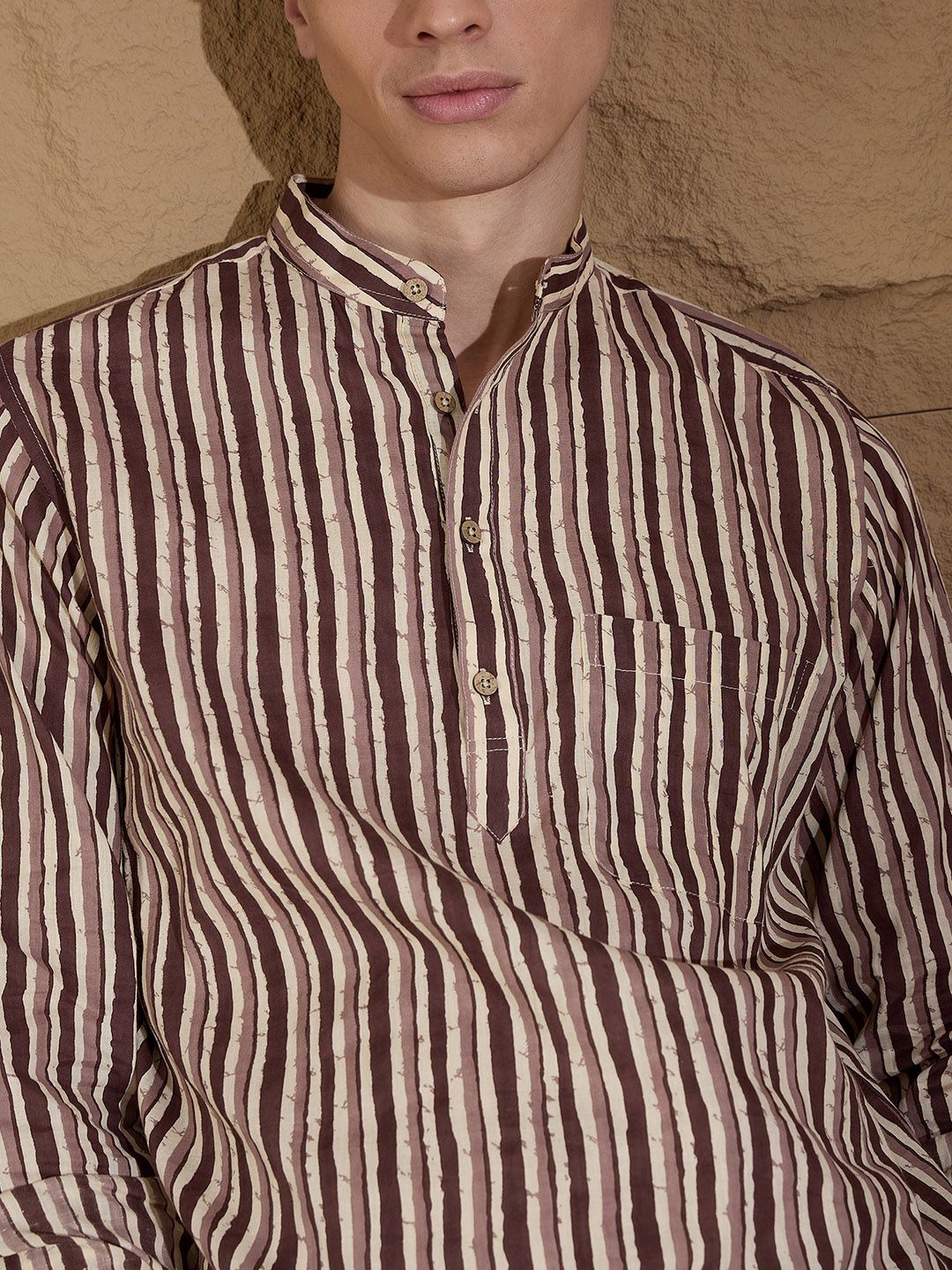 DENNISON Striped Printed Pure Cotton Band Collar Straight Kurta