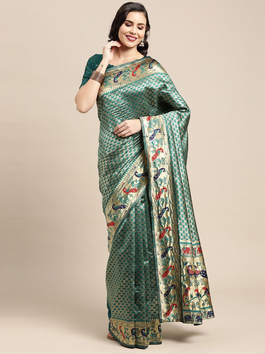 Saree mall Teal & Red Woven Design Zari Silk Blend Paithani Sarees