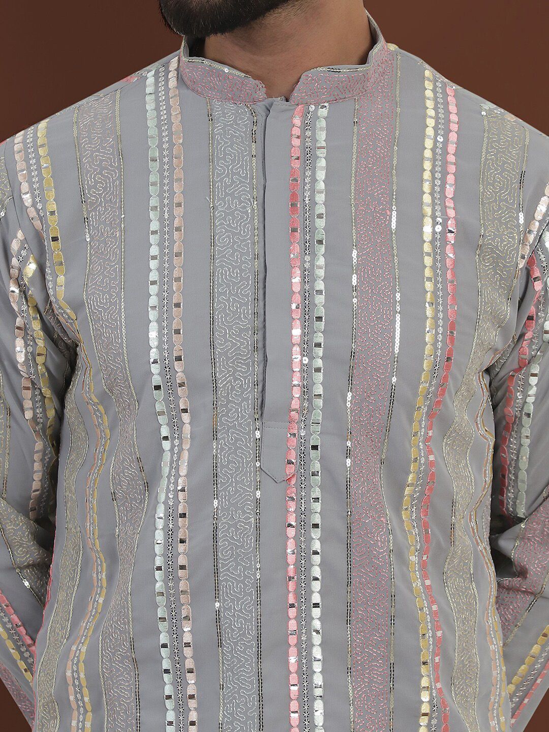 SOJANYA LUXE Striped Embroidered Mandarin Collar Straight Georgette Kurta & Pyjama
