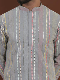 SOJANYA LUXE Striped Embroidered Mandarin Collar Straight Georgette Kurta & Pyjama