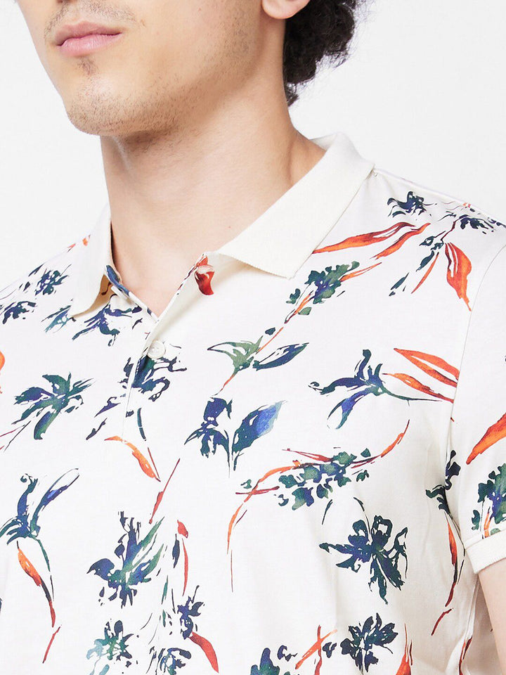 SPYKAR Floral Printed Polo Collar Cotton Slim Fit T-shirt