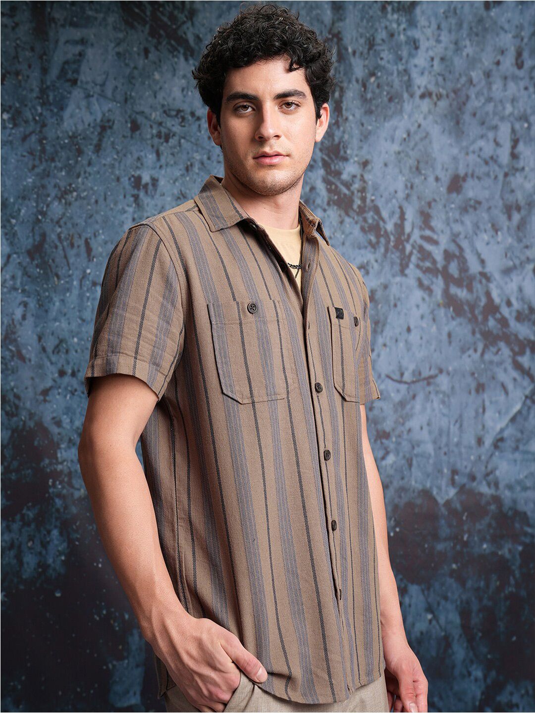 Locomotive Men Brown Mock Lino Dobby Textured Striped Utility Pocket Regular Shirt