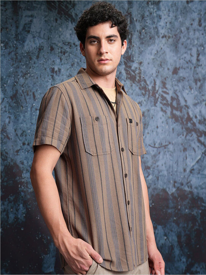 Locomotive Men Brown Mock Lino Dobby Textured Striped Utility Pocket Regular Shirt