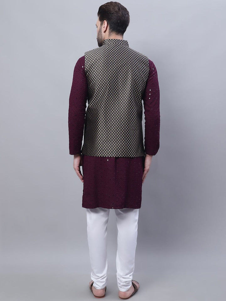 SOJANYA Ethnic Motifs Embroidered Sequinned Pure Cotton Kurta with Churidar & Nahru Jacket