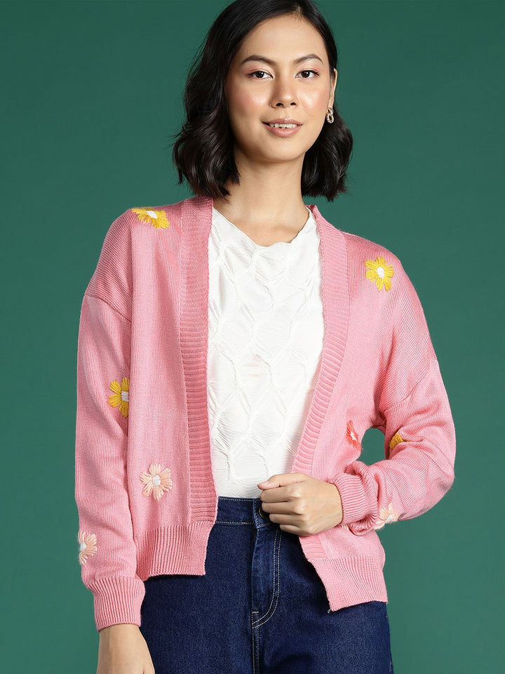 DressBerry Drop Shoulder Floral Embroidery Cardigan