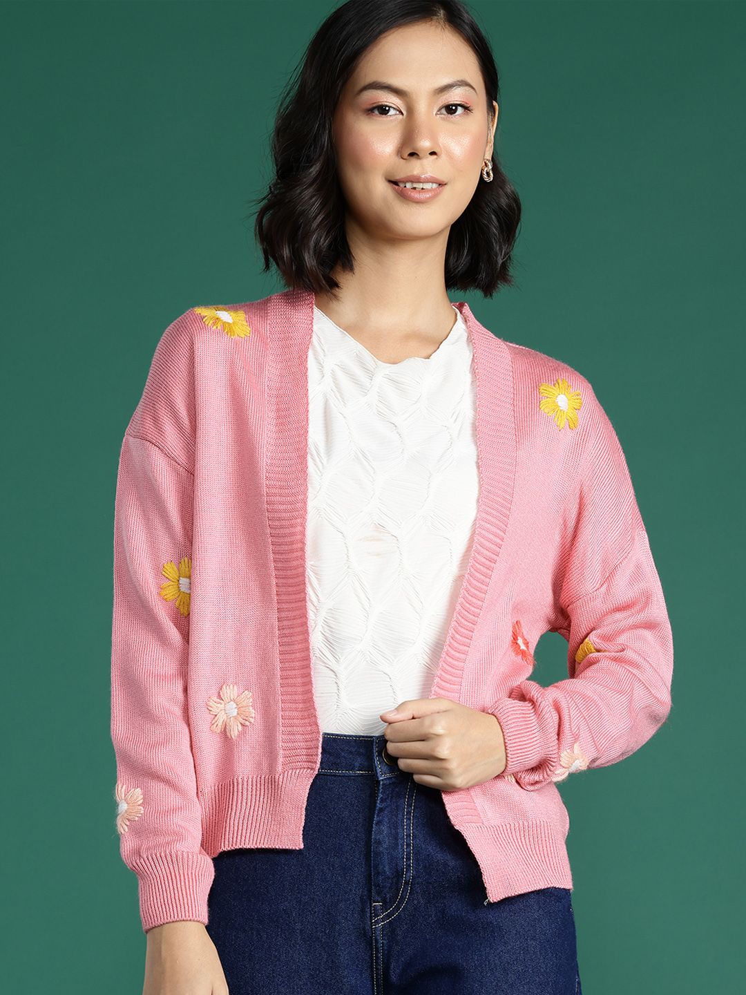 DressBerry Drop Shoulder Floral Embroidery Cardigan