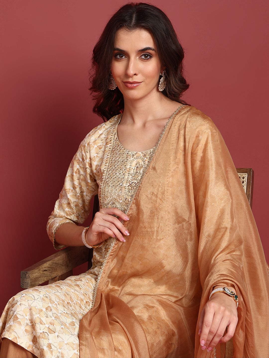 KALINI Women Printed Regular Sequinned Kurta with Trousers & With Dupatta