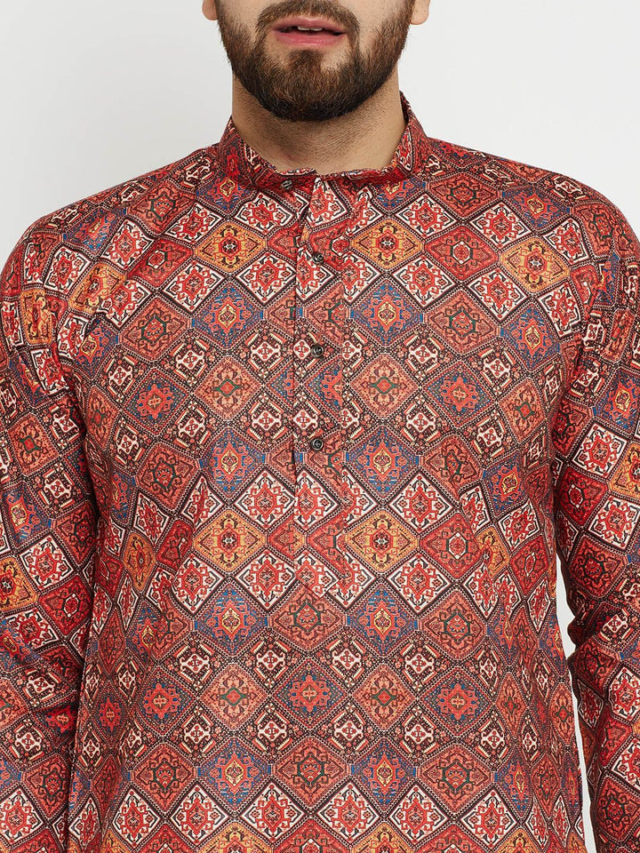 SOJANYA Men Orange & Blue Printed Straight Kurta