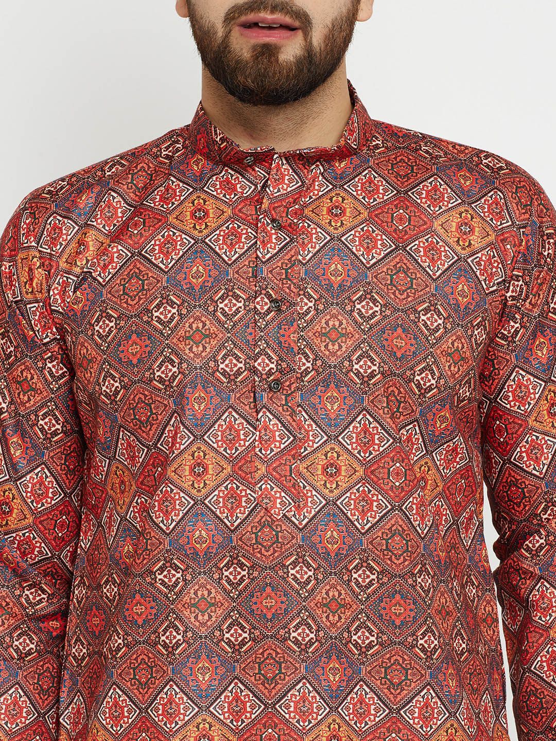 SOJANYA Men Orange & Blue Printed Straight Kurta