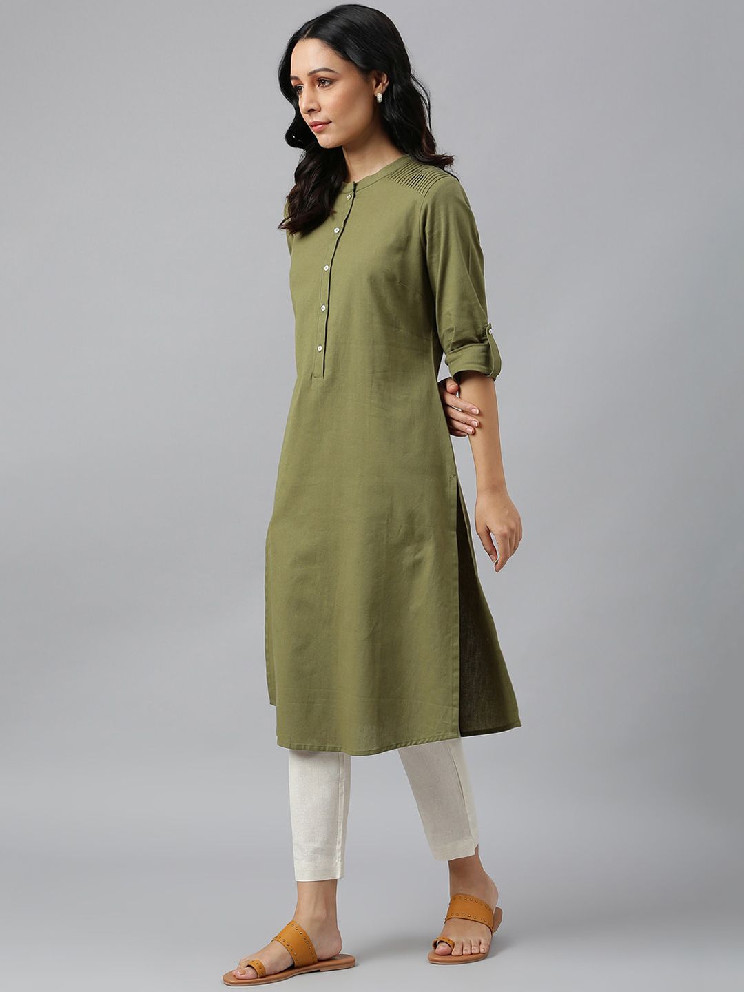 W Green Mandarin Collar Cotton A-line Kurta
