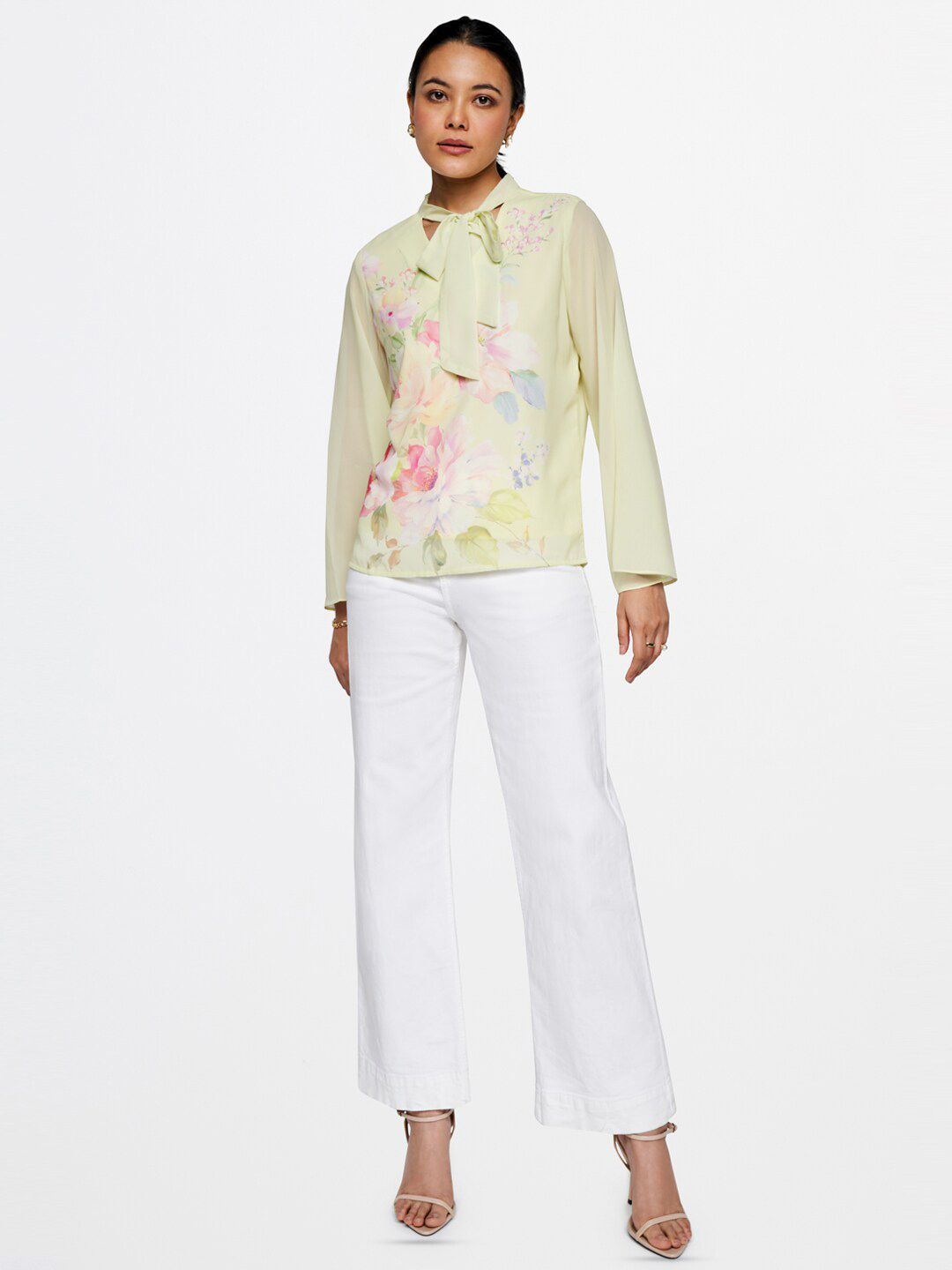 AND Floral Printed Tie-Up Neck Flared Sleeves Top