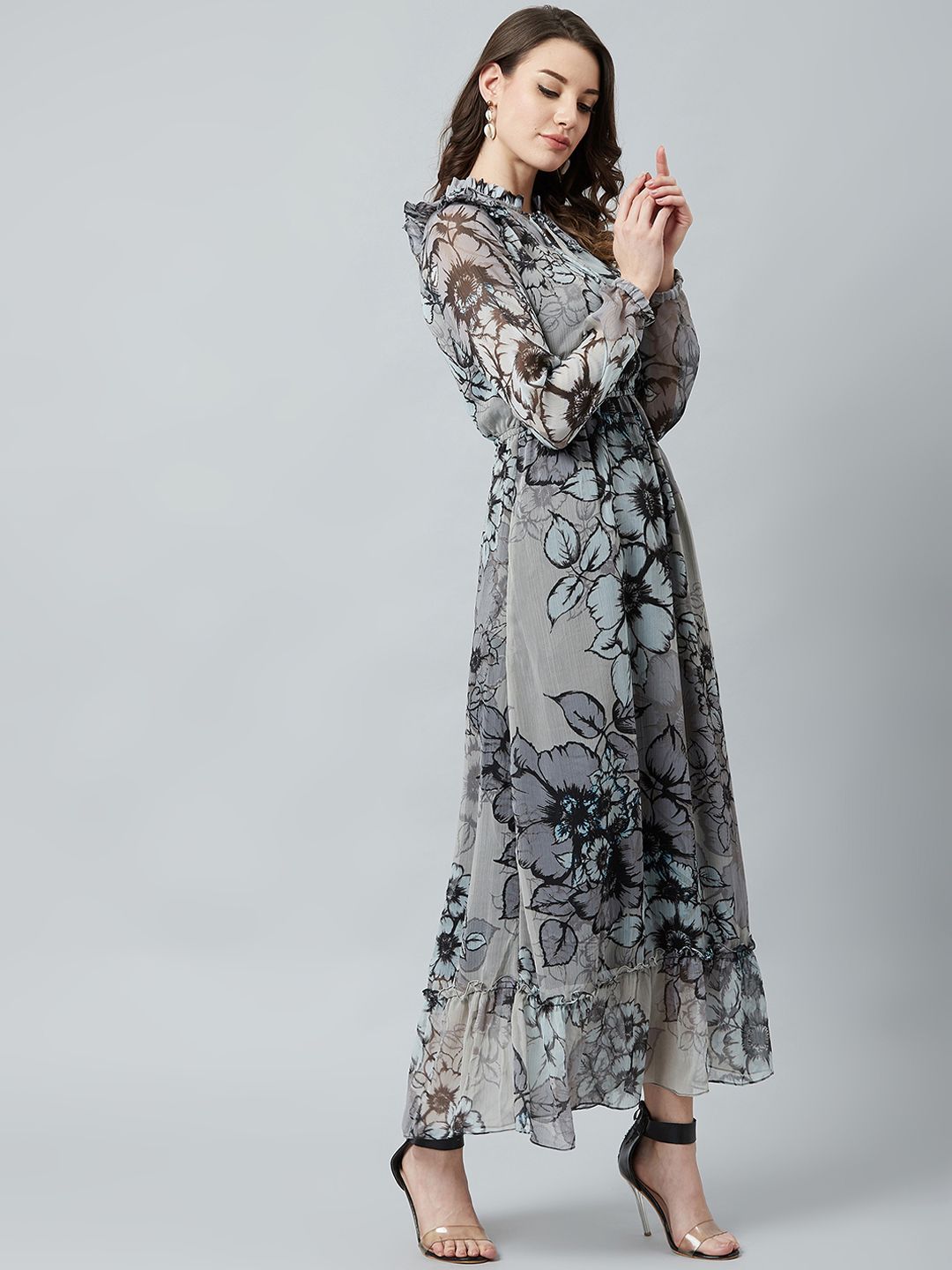 Athena Grey & Black Floral Printed Maxi Dress