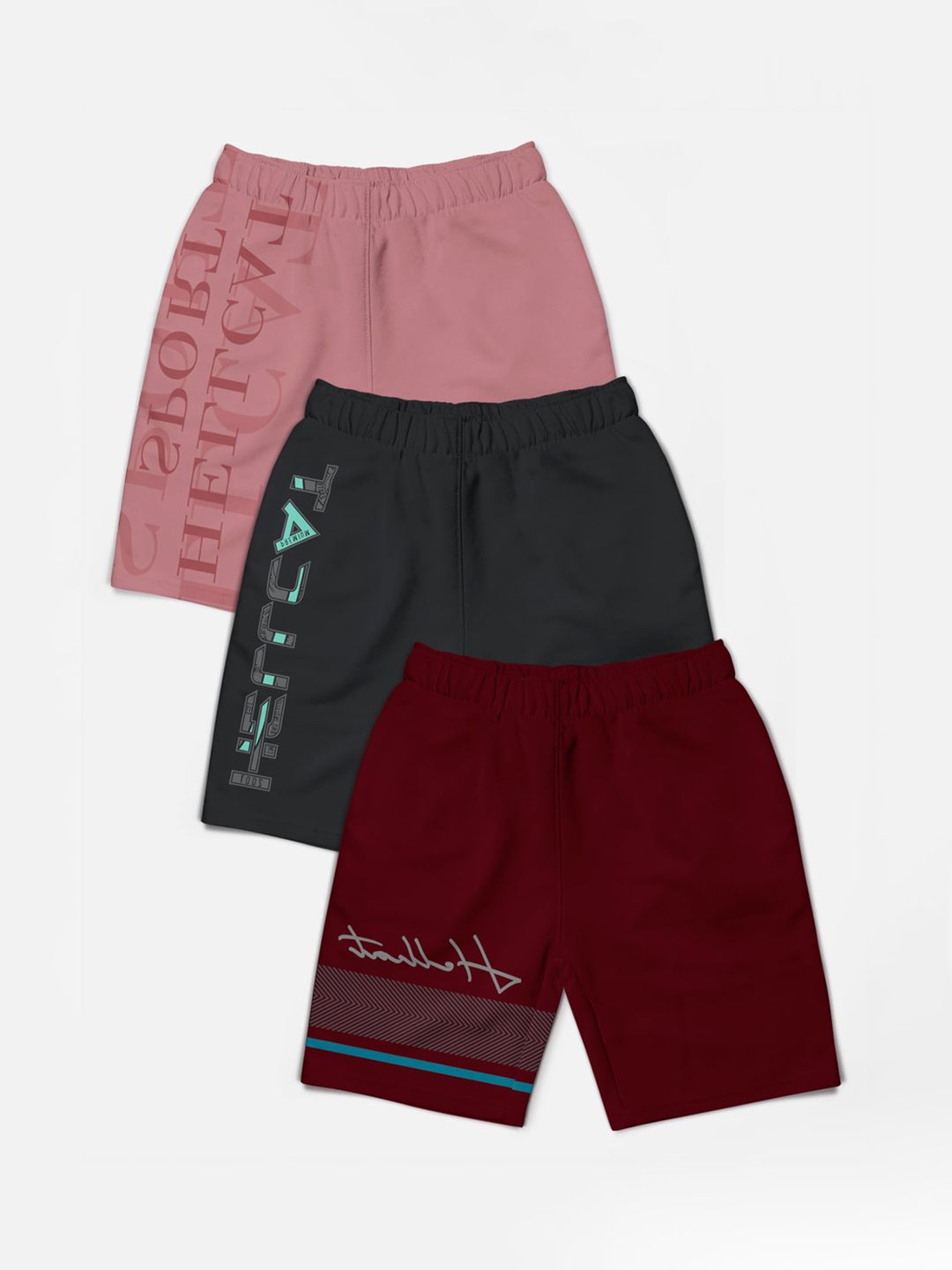 HELLCAT Boys Pack of 3 Trendy Typographic Printed Cotton Sports Shorts
