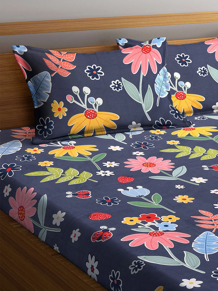 Myntra Elegant Homes Grey Floral Cotton 300 TC Fitted King Bedsheet with 2 Pillow Covers-98 x 87 inches