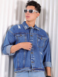 The Indian Garage Co Men Lightly Washed Relaxed Fit Distressed Denim Jacket