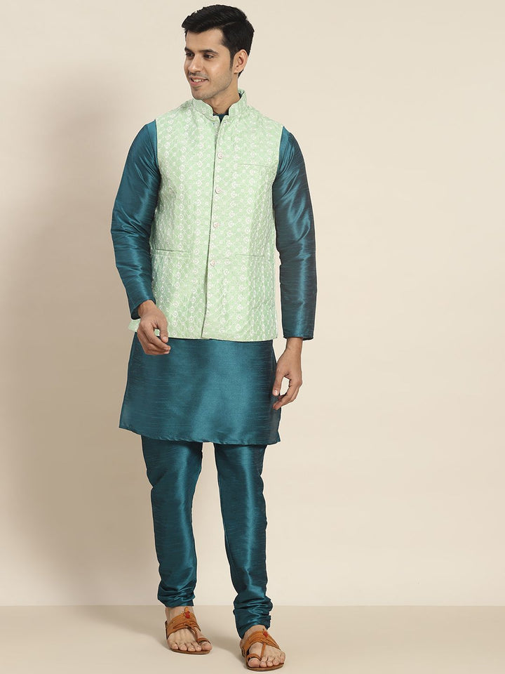 SOJANYA Kurta Rekaan Tenunan Lelaki dengan Churidar dengan Jaket Nehru