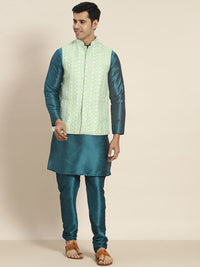 SOJANYA Kurta Rekaan Tenunan Lelaki dengan Churidar dengan Jaket Nehru