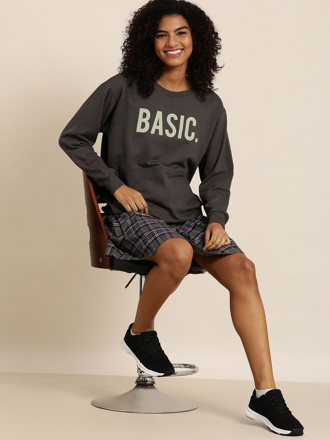 DILLINGER Women Grey Typographic Oversized Sweatshirt