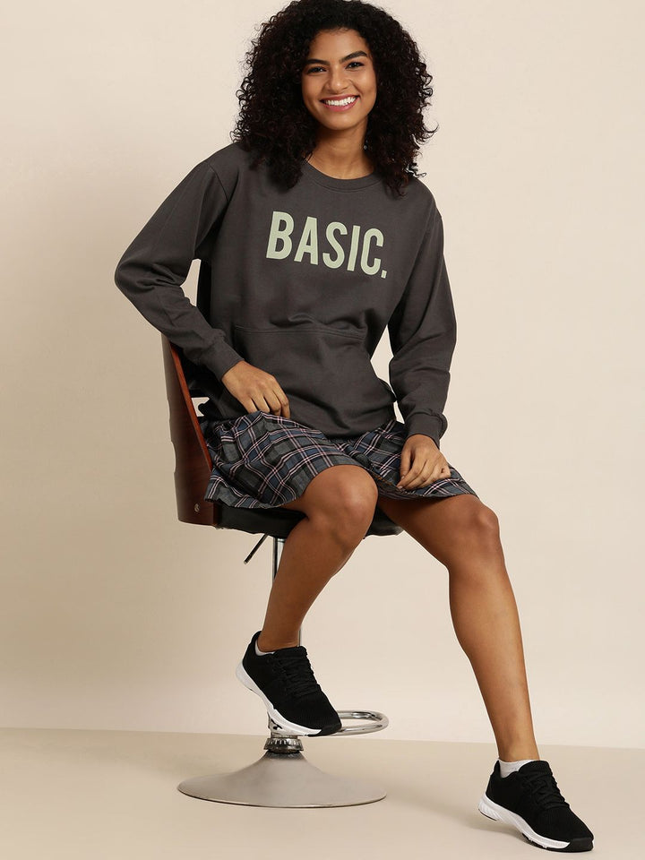 DILLINGER Women Grey Typographic Oversized Sweatshirt