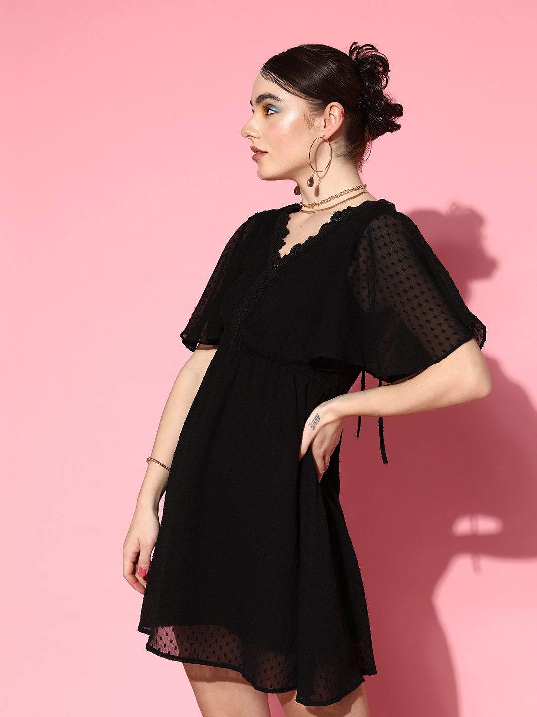 Berrylush Black Chiffon Flared Sleeves A-Line Mini Dress With Tie-Ups Detail