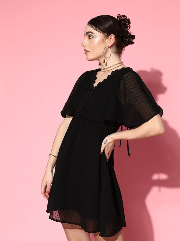 Berrylush Black Chiffon Flared Sleeves A-Line Mini Dress With Tie-Ups Detail
