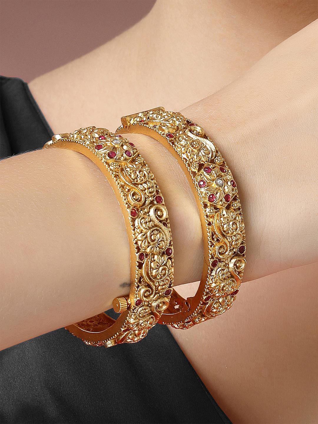 KARATCART Set Of 2 Gold-Plated & Red Stone-Studded Rajwadi Temple Bangles