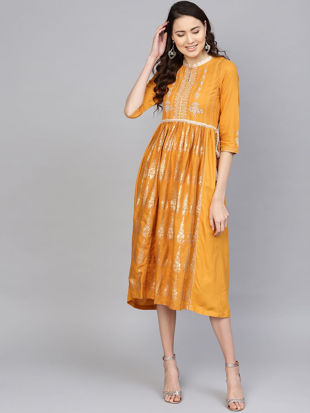 W Mustard Yellow & Golden Floral Printed A-Line Dress