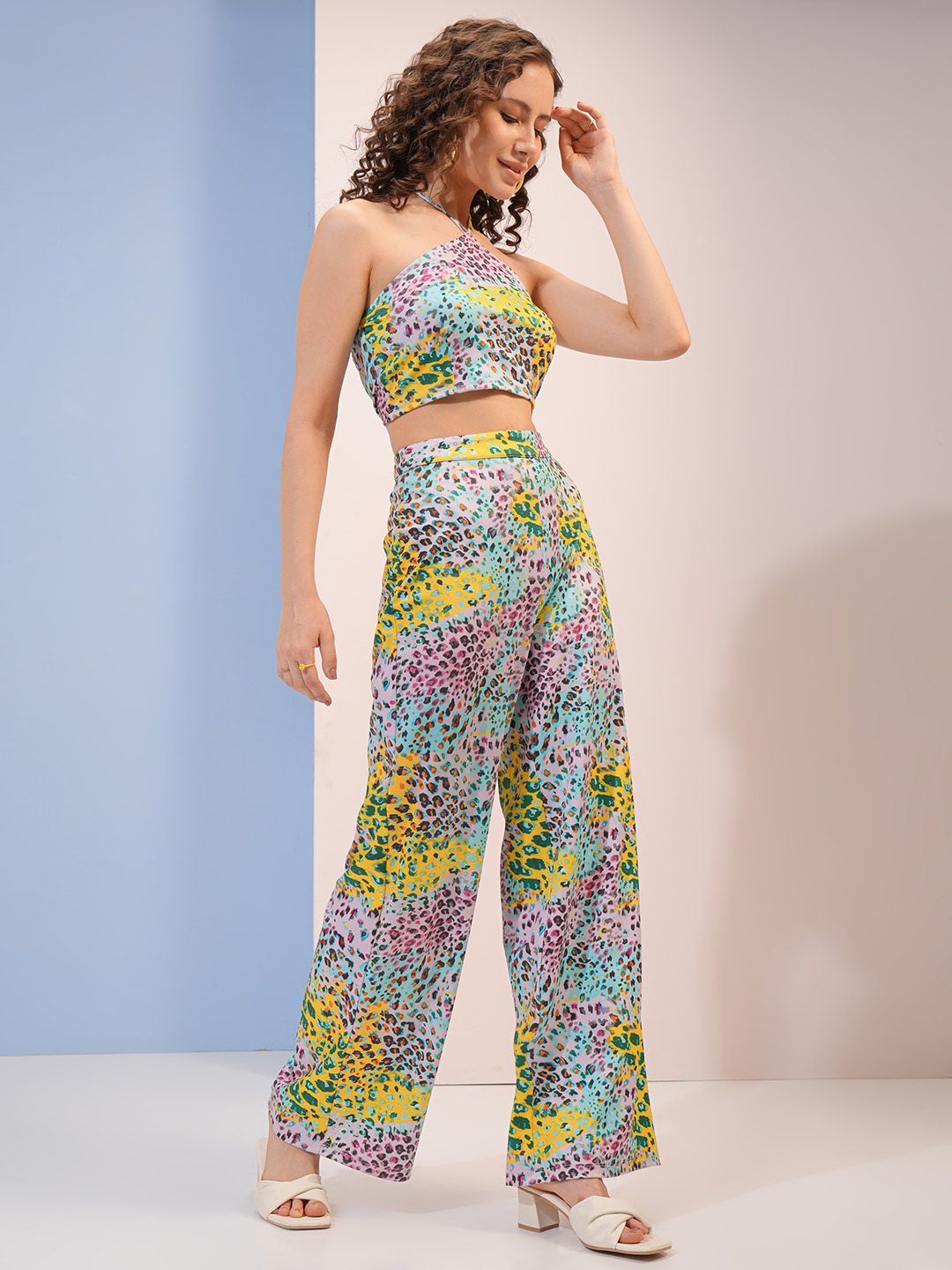 Tokyo Talkies Pink Animal Skin Printed Halter Neck Top And Trouser