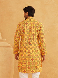 SOJANYA Kurta Bercetak Motif Etnik Kuning & Hitam Lelaki