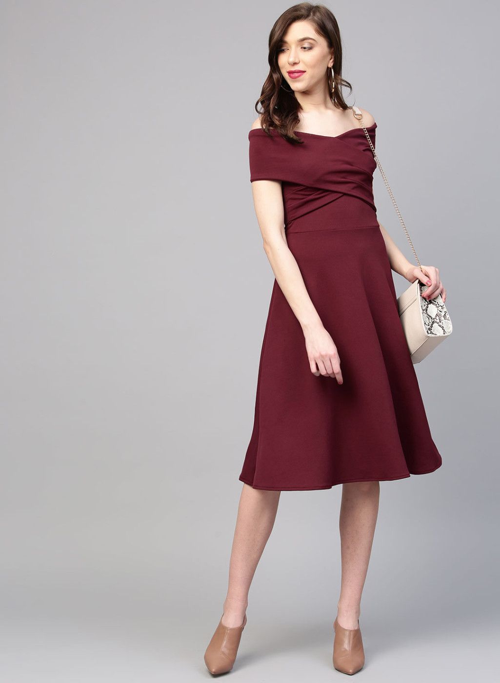Burgundy Solid Off-Shoulder Fit & Flare Dress