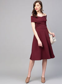 Burgundy Solid Off-Shoulder Fit & Flare Dress