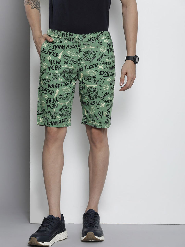The Indian Garage Co Men Olive Green Printed Slim Fit Denim Shorts