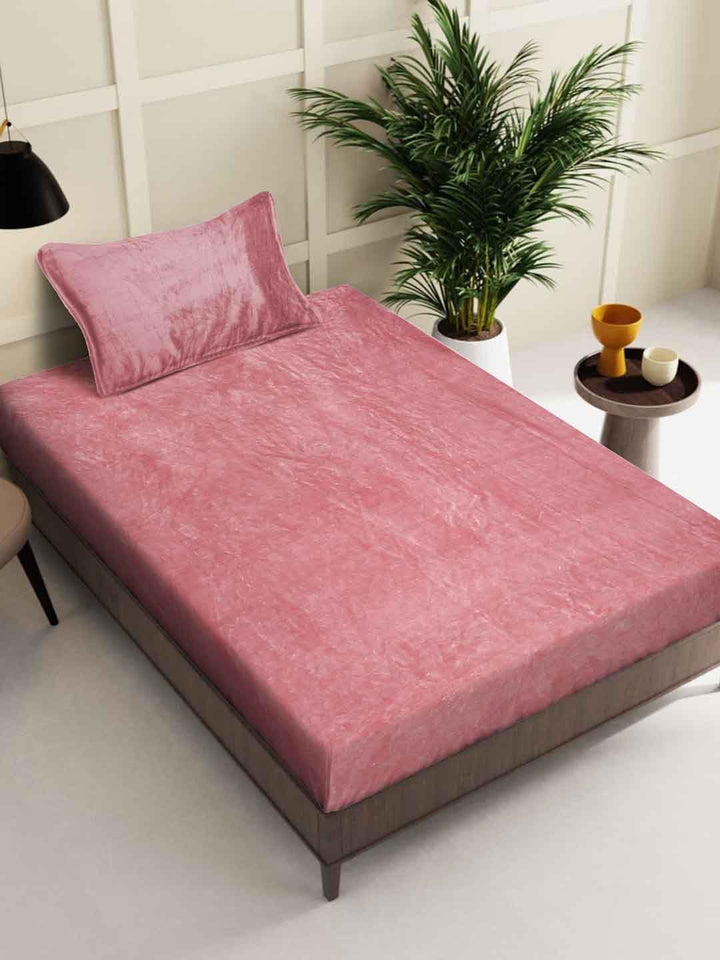 KLOTTHE Rust-Pink Woollen 300TC Single Bedsheet With Pillow Cover