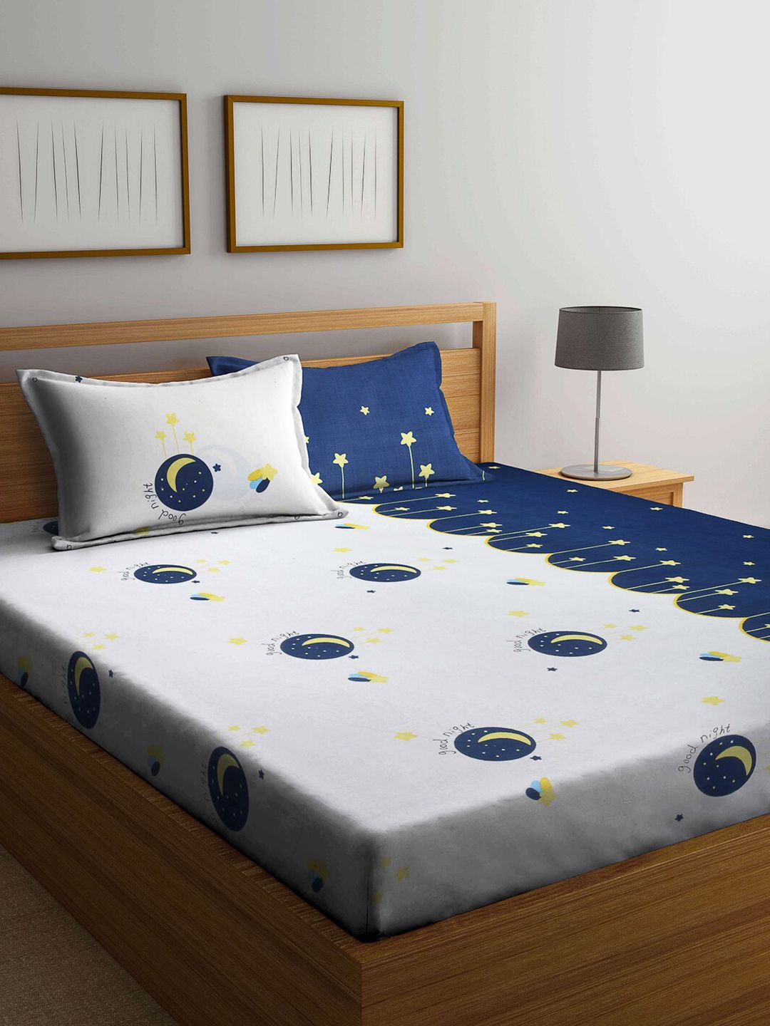 KLOTTHE Kids Blue & White Printed 300 TC Double King Bedsheet With 2 Pillow Covers