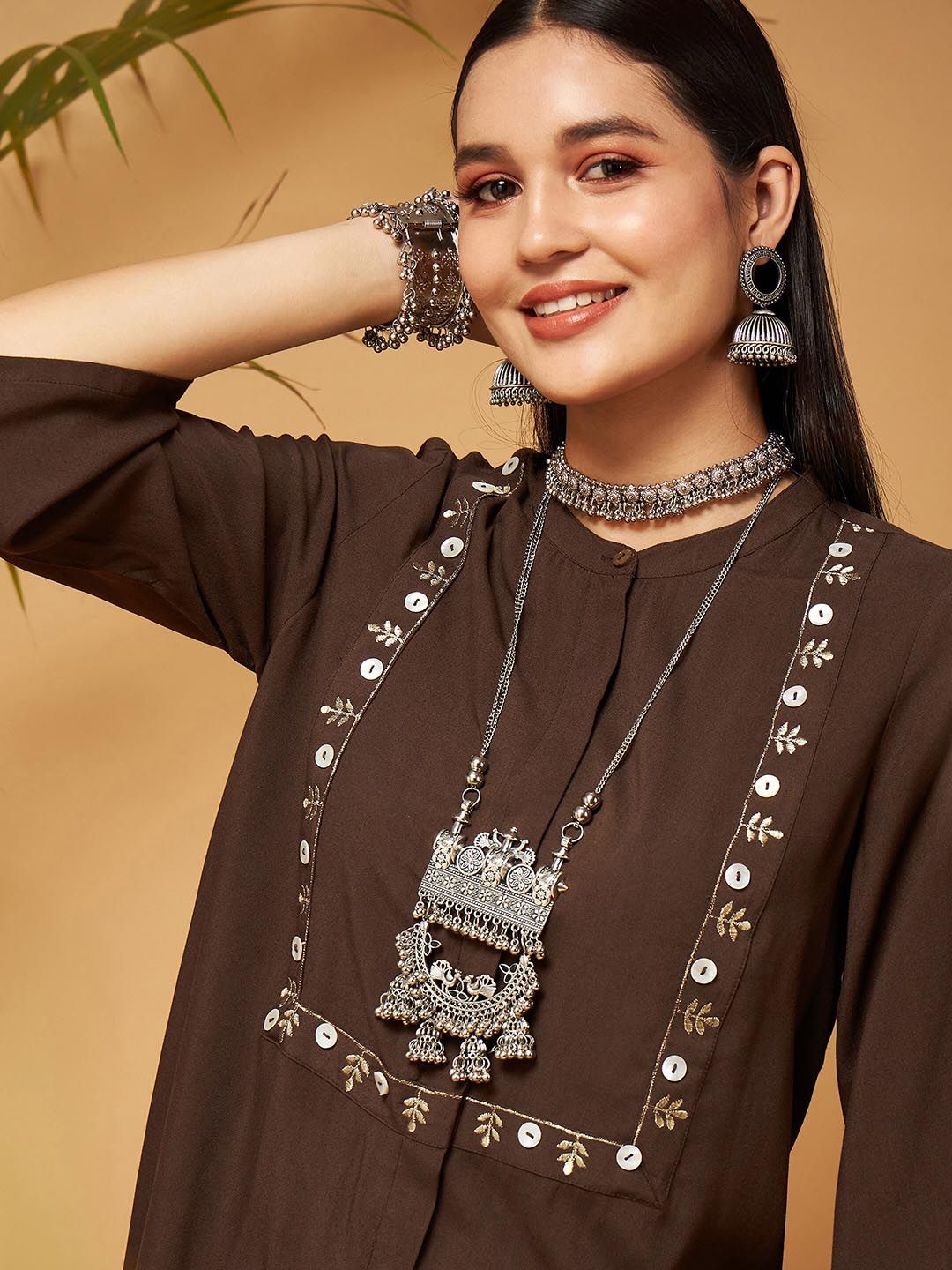 Shae by SASSAFRAS Embroidered Mandarin Collar A-Line Kurti With Palazzo