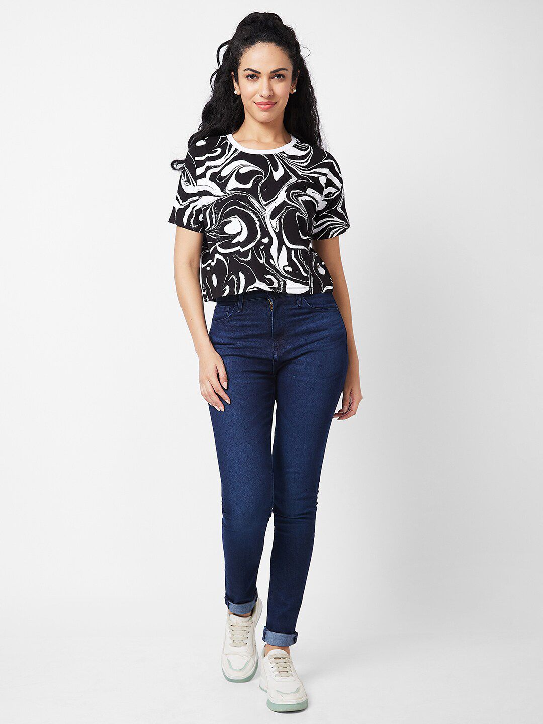 SPYKAR Abstract Printed Round Neck Half Sleeves Cotton Boxy T-shirt