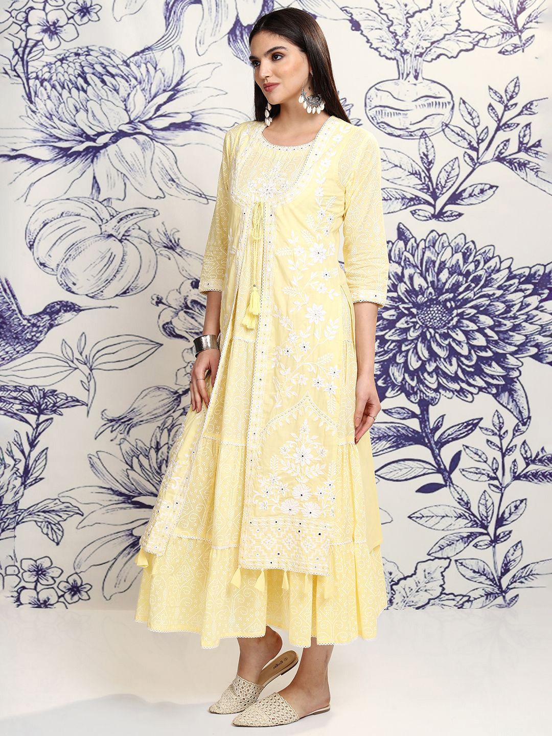 Vishudh Yellow Floral Embroidered Tiered Cotton Midi Fit & Flare Dress With Shrug