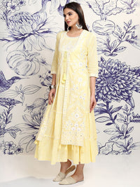 Vishudh Yellow Floral Embroidered Tiered Cotton Midi Fit & Flare Dress With Shrug
