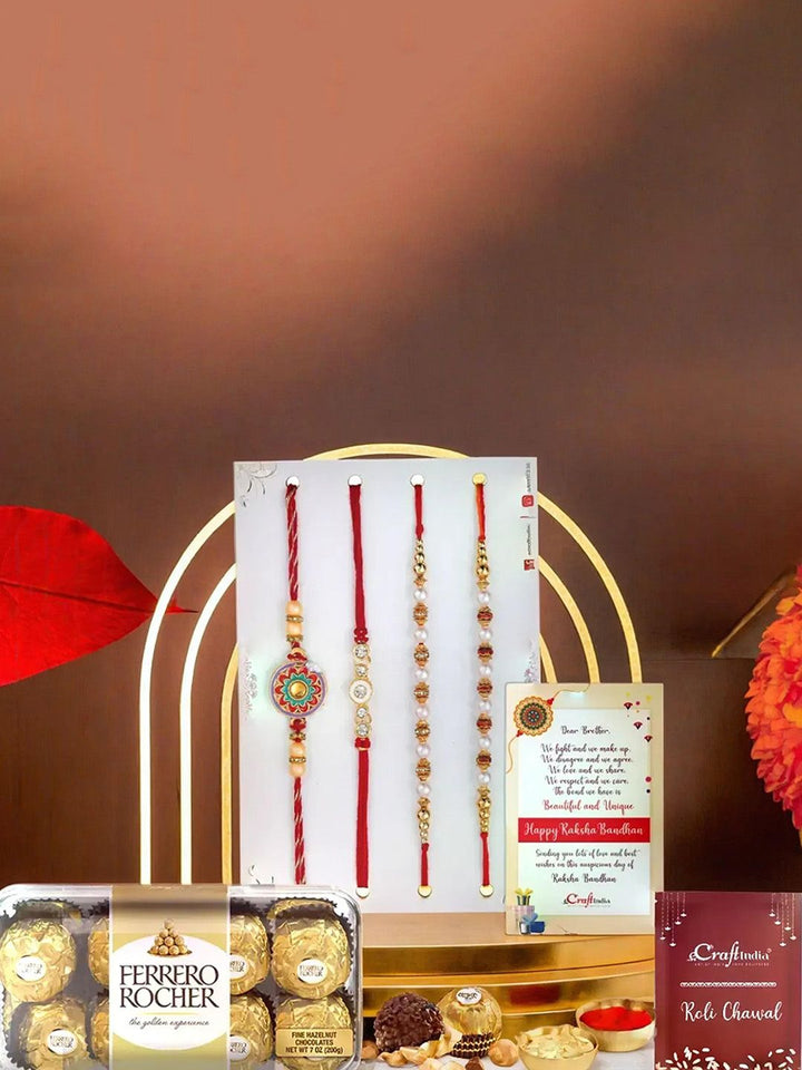 eCraftIndia Set of 4 Stones Studded & Pearls Beaded Thread Rakhis With Ferrero Rocher