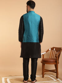 SOJANYA Men Black & Teal Blue Jacquard Woven Design Kurta with Churidar & Nehru Jacket