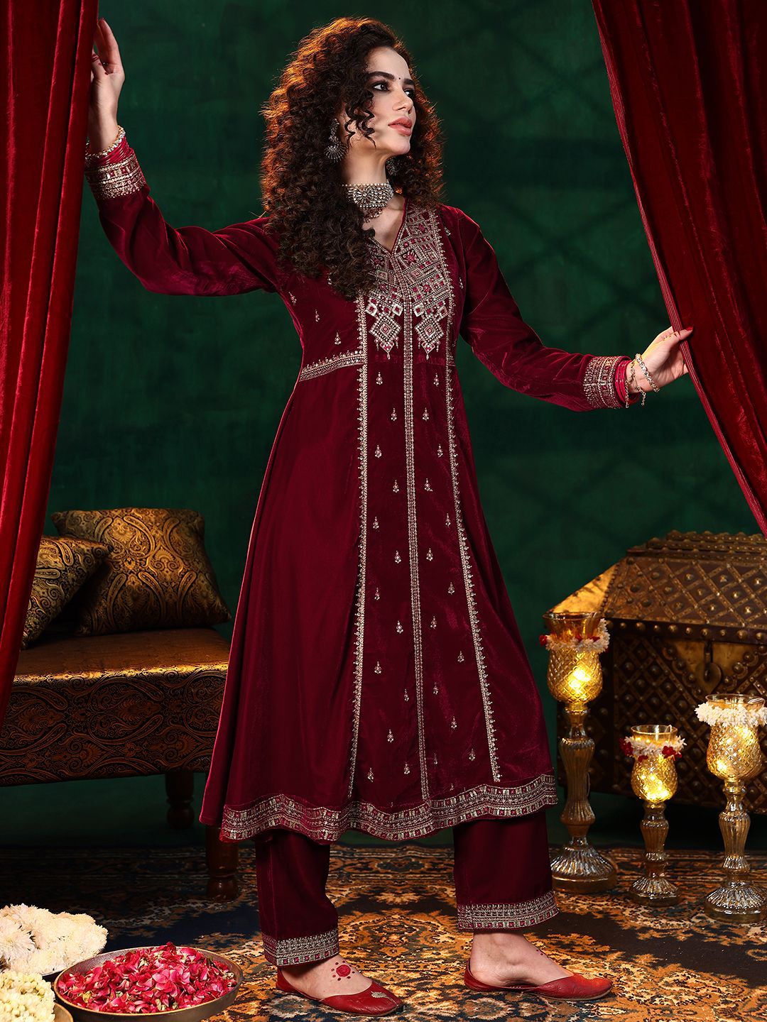 Libas Ethnic Motifs Embroidered Straight Sequinned Velvet Kurta with Trousers & Dupatta