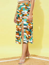 Berrylush Abstract Printed Side Slit A-Line Midi Skirt