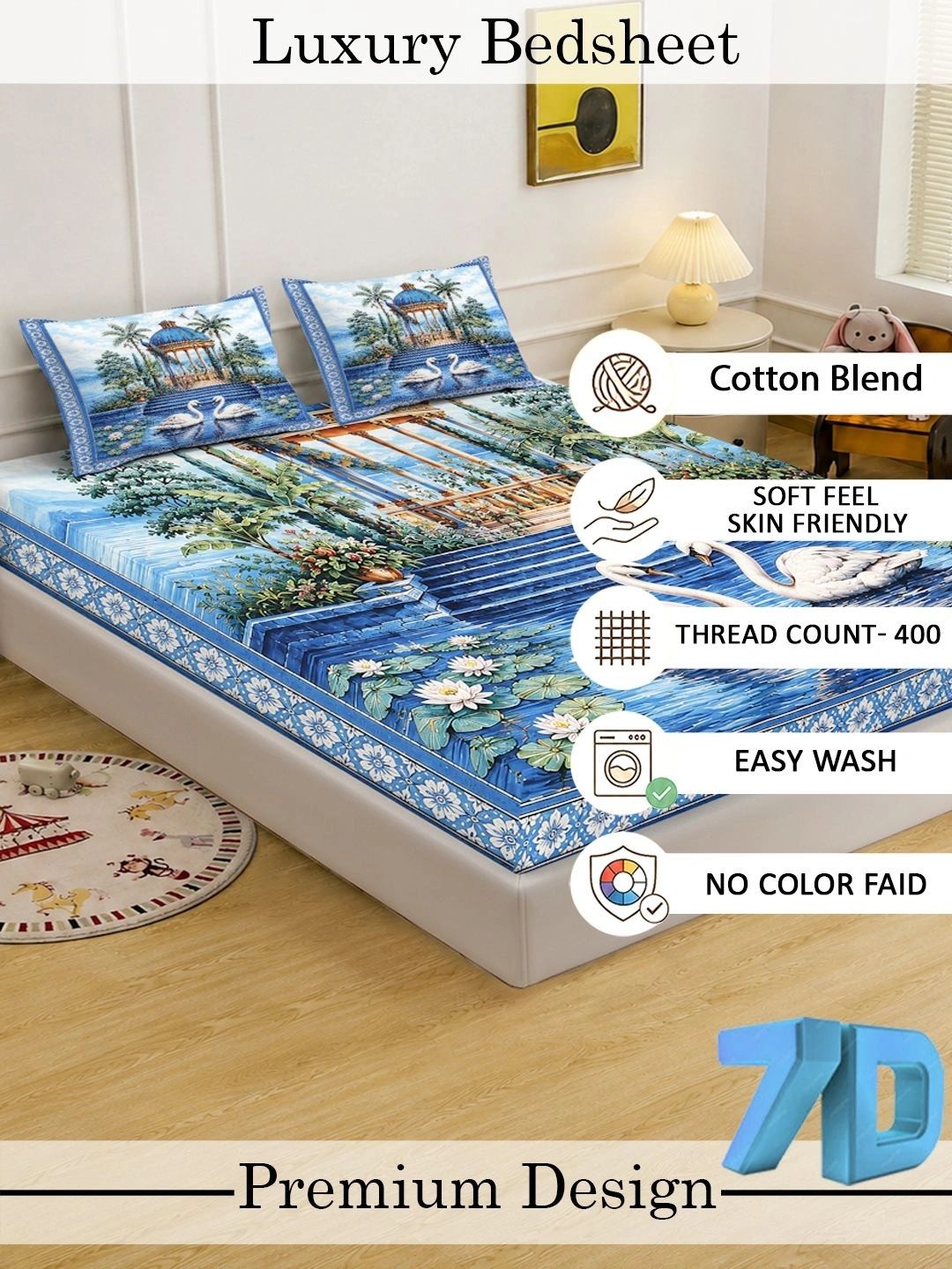 Moda Rapido X KLOTTHE Cadar 400 TC Bunga Biru & Putih dengan 2 Sarung Bantal