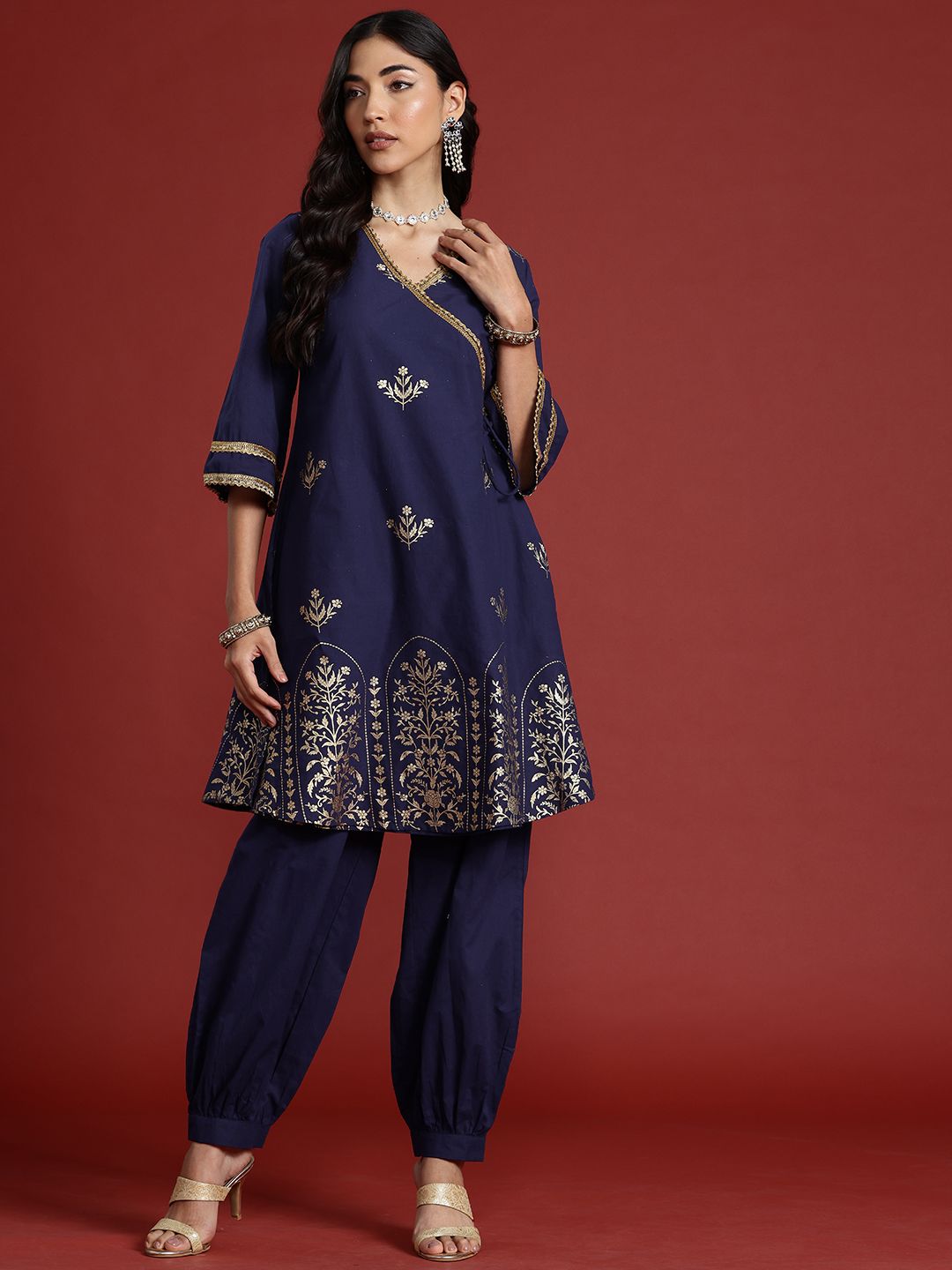 Anouk Foil Print Angrakha Gotta Patti Pure Cotton Kurta with Salwar