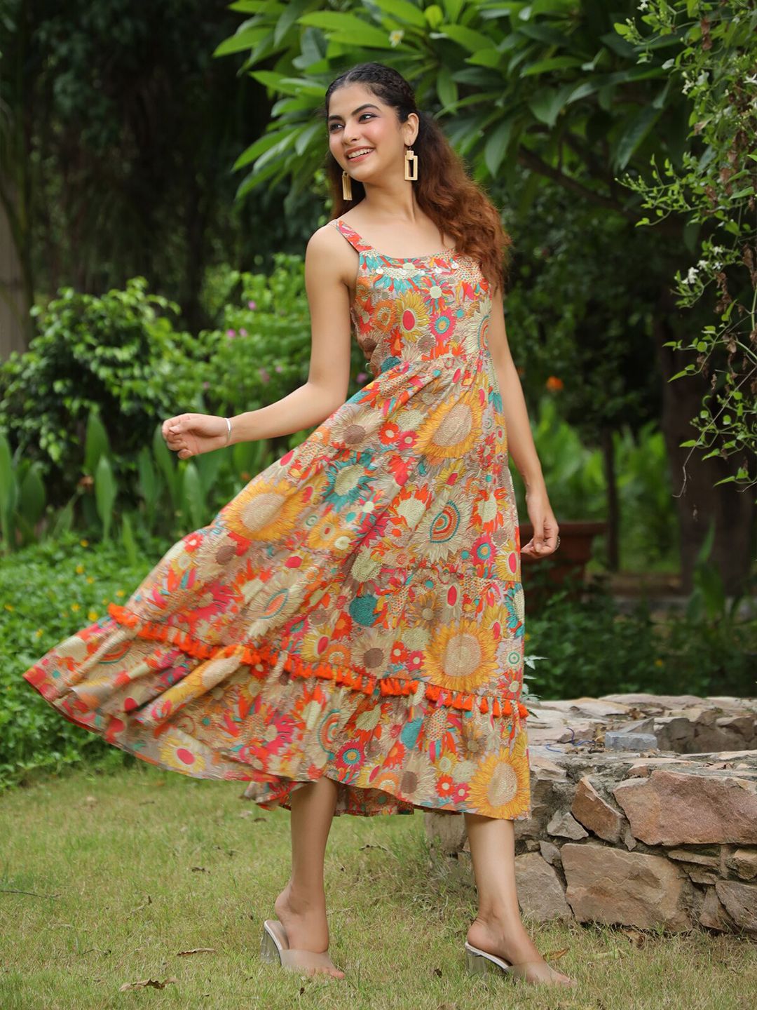Rain & Rainbow Shoulder Strapped Floral Printed Fit and Flared Pure Cotton Midi Dress