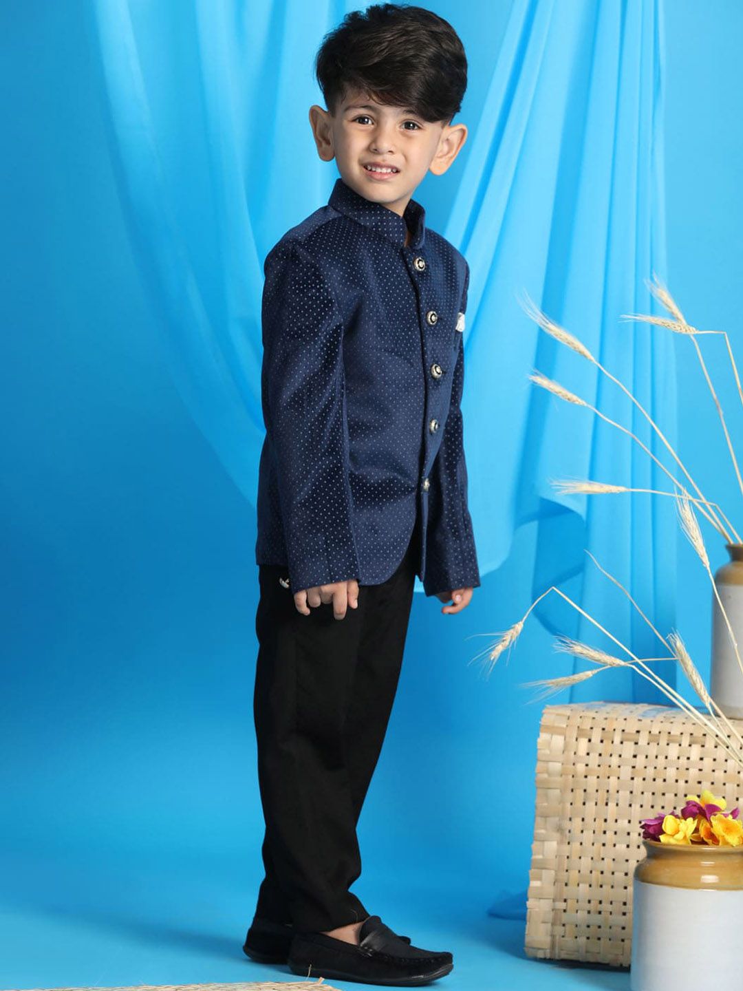 VASTRAMAY Boys Polka Dot Printed Velvet Slim Fit Velvet Bandhgala Blazer
