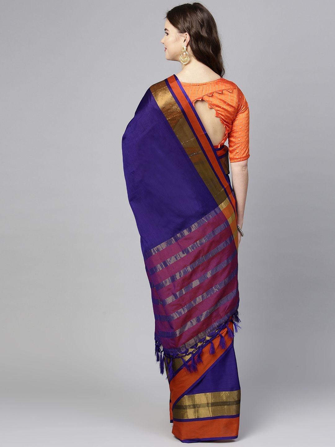 Saree mall Navy Blue & Orange Solid Saree