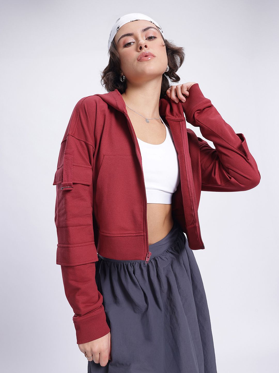 DressBerry Pockets Detail Hooded Crop Sweatshirt