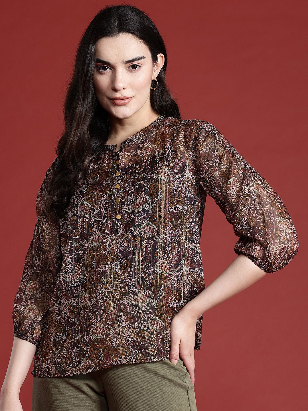 all about you Floral Print Puff Sleeves Sheer Top