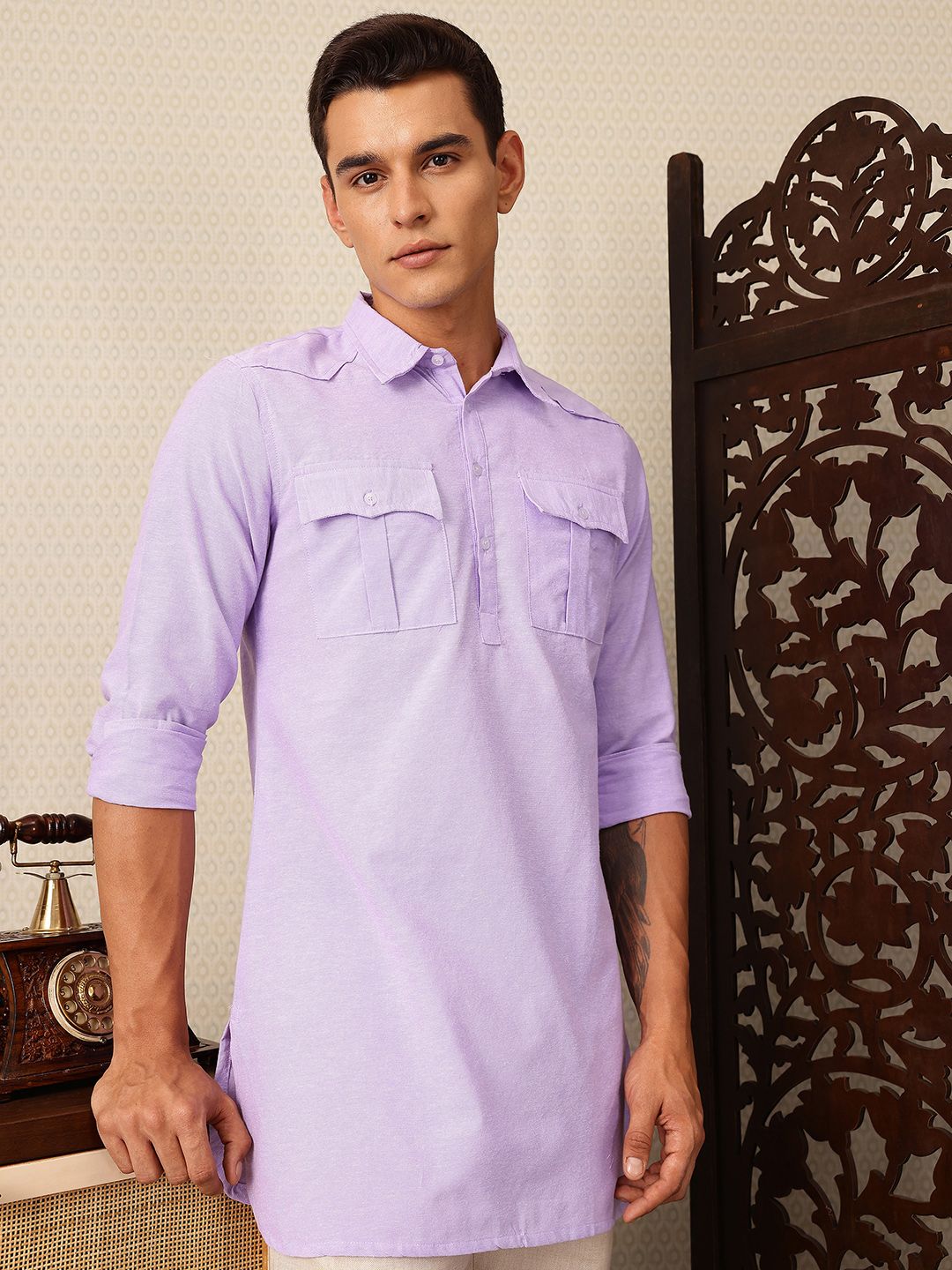 House of Pataudi Shirt Collar Pocket Detailing Rozana Kurta